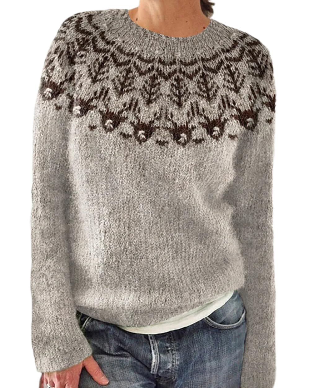 Womens Fair Isle Knitted Sweater Lightweight Crew Neck Pullover Tops Casual Long Sleeve Sweater Fall Winter