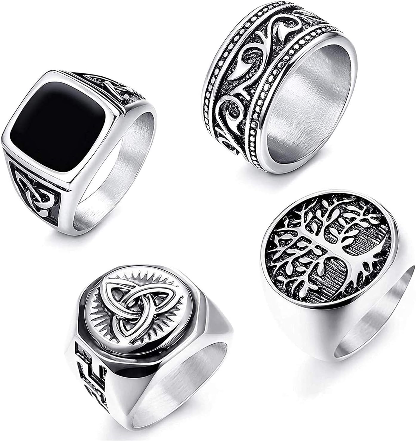 LOLIAS4Pcs Men's Rings Band Signet Stainless Steel Wide Celtic Knot Rings for Men Women Band Tree of Life Ring Set Vintage Gothic Biker Ring Set Black Retro Ring for Men