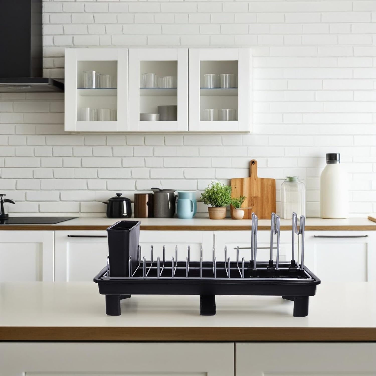 Dish Drying Rack with Plate Shelf and Cutlery Holder, Kitchen Counter Dish Drainer Rack with Spout, Space-Saving Utensil Organizer for Home Sink Storage