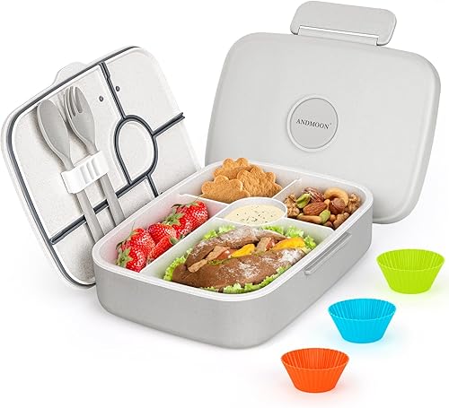 ANDMOON Lonchera Bento para adultos, lonchera para niños, 5 compartimentos, recipientes para almuerzo con 3 tazas de silicona para hornear, a prueba