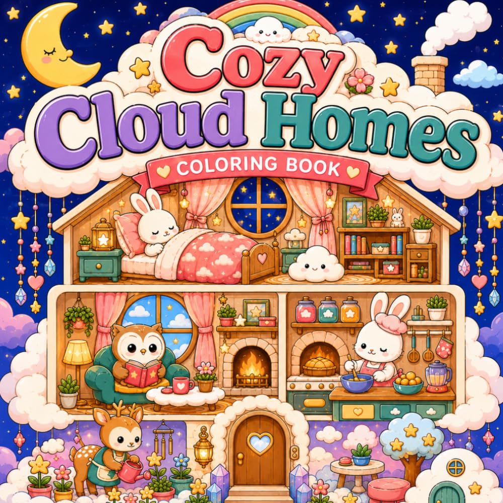 Cozy Cloud Homes Coloring Book: Cute Cozy Rooms, Dreamy Cloud Houses, Adorable Animals & Relaxing Fantasy Scenes for Kids and Adults
