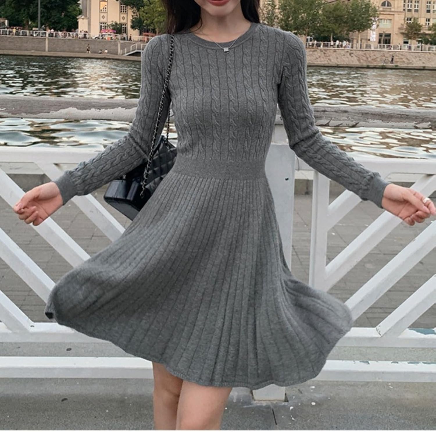 [PxshEisua] 女性のカジュアルセータードレスクルーネック長袖ふわふわスイングしわ A ラインワークミニドレス