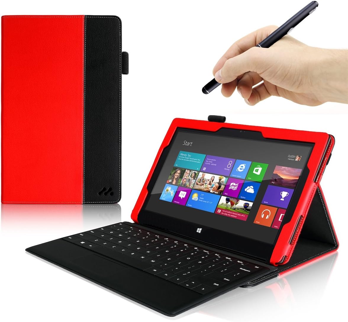 Manvex Leather Folio Case for the Microsoft Surface RT / Surface 2 Tablet (does NOT fit the Surface Pro) **Includes FREE Stylus** - Red/Black