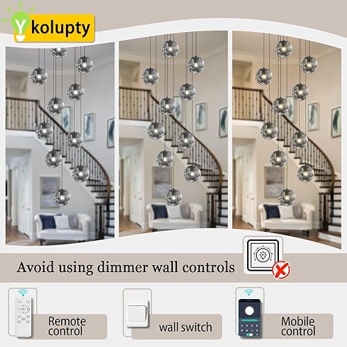 Miniatura 50 de Escalera LED de 10 luces LED moderna con globo de cristal, lámpara colgante grande para techos altos, accesorios de iluminación de entrada, villas y