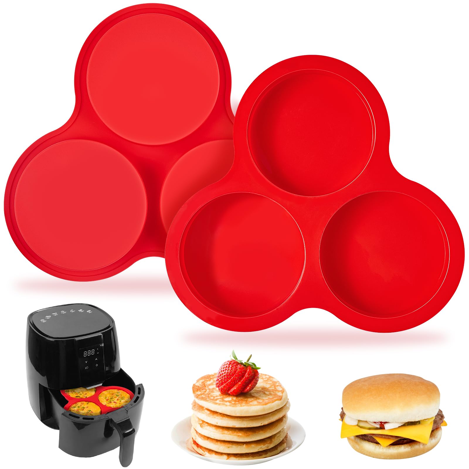 Paquete de 2 moldes de silicona para freidora de aire, moldes redondos jumbo de 4 pulgadas para sándwiches de desayuno, bocados de huevo, bollos de hamburguesa, tarta y panqueques