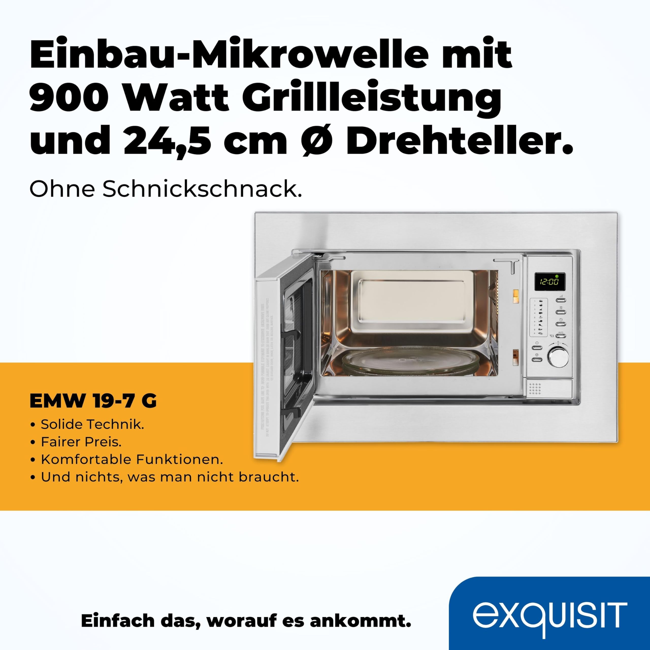 Exquisit Einbaumikrowelle mit Grill 900 W - 20 L, Silber/Edelstahl | 5 Leistungsstufen, Drehteller 24,5 cm, Einbaumaße B 59,5 x H 38,4 x T 33,5 cm, digitale Anzeige