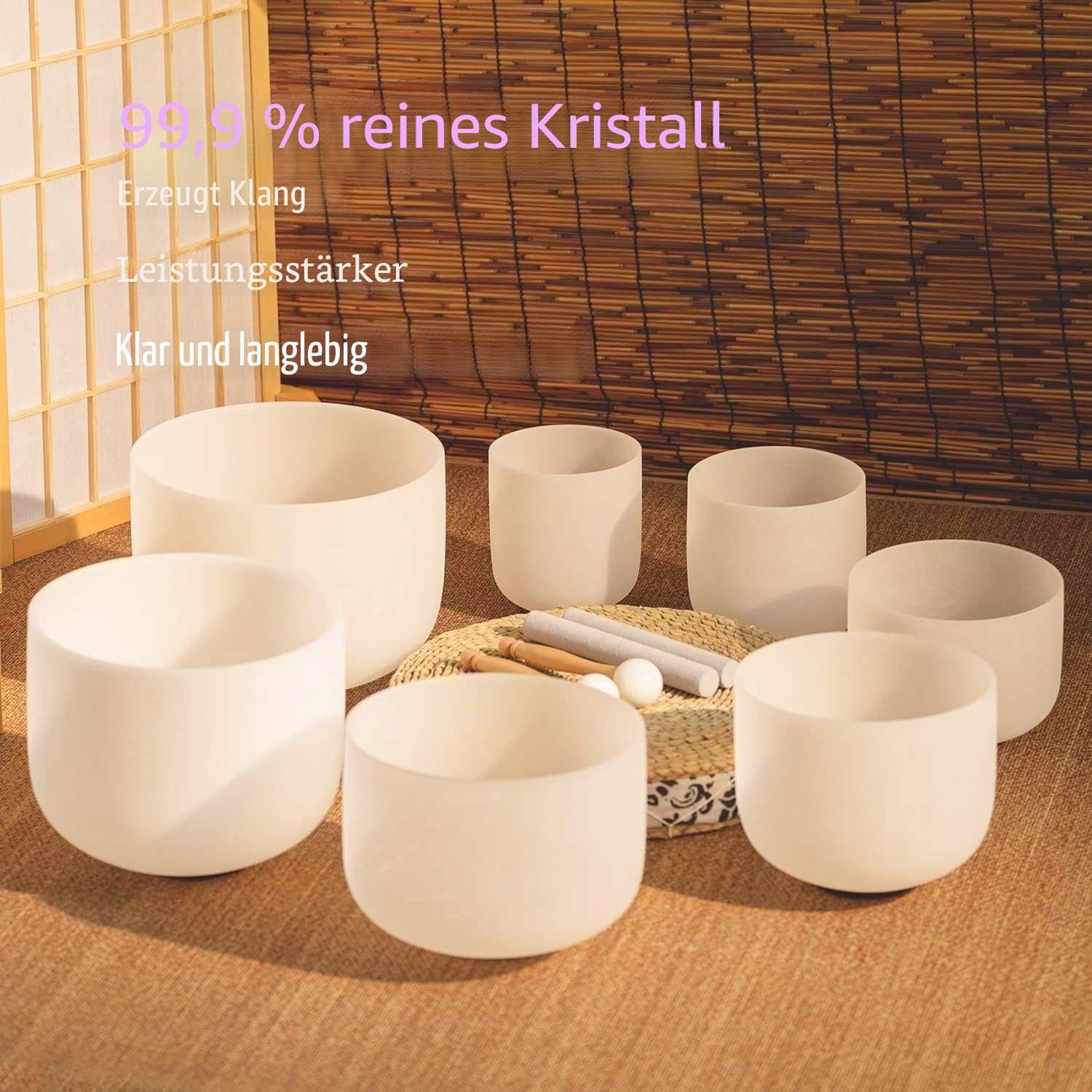 Hye-eun Kristall-Klangschalen-Set 17,8-30,5 cm, 7 Stück, Weiß Quarz Klangschale für Klangheilung, mit 2 Tragetaschen