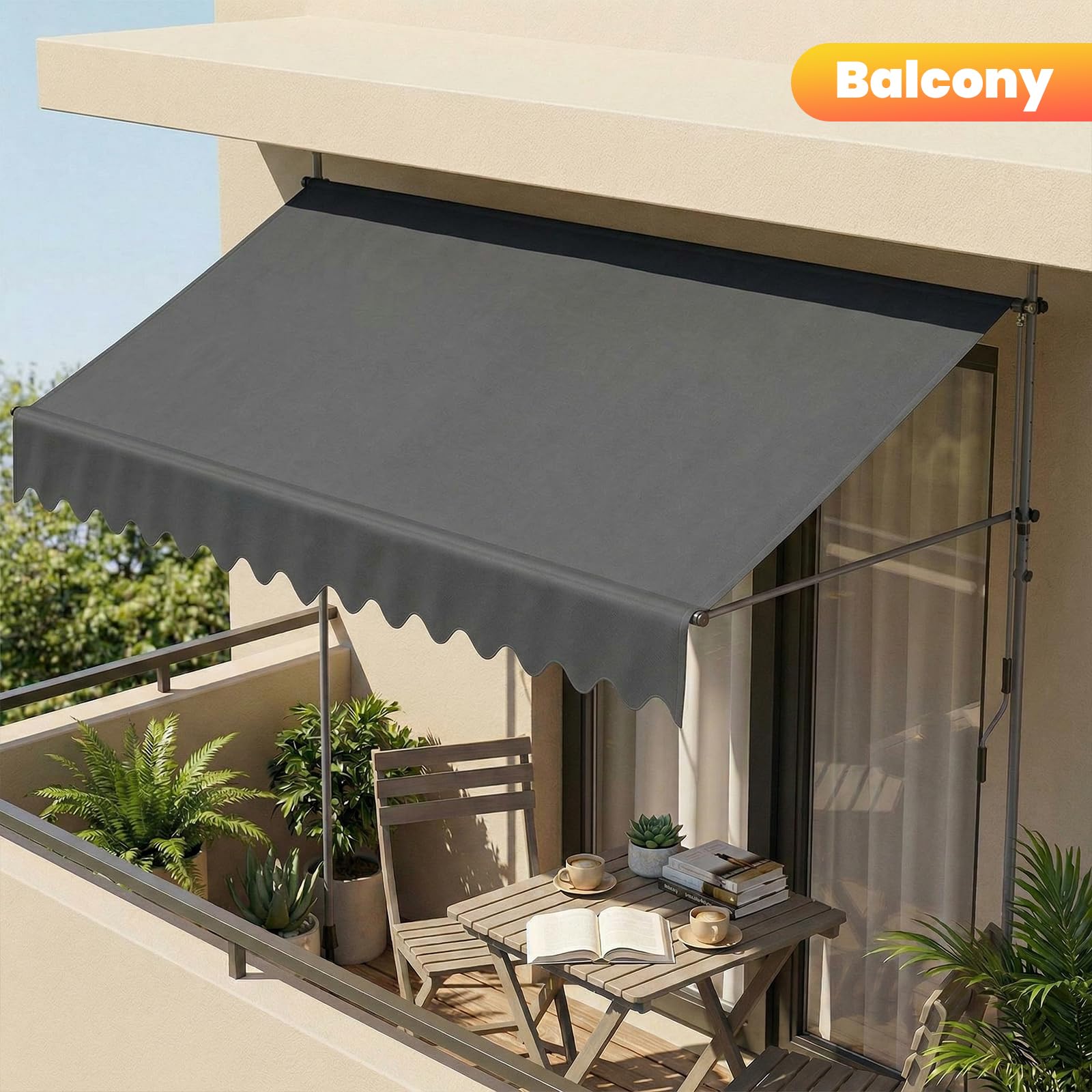 LIFERUN Klemmmarkise 350 cm breit, Balkon Markise ohne Bohren mit Handkurbel, PU-Beschichtung, Höhenverstellbar, Wasserschutz Sonnenschutz UV-Schutz, Sichtschutz für Outdoor Garten Terrasse, Grau