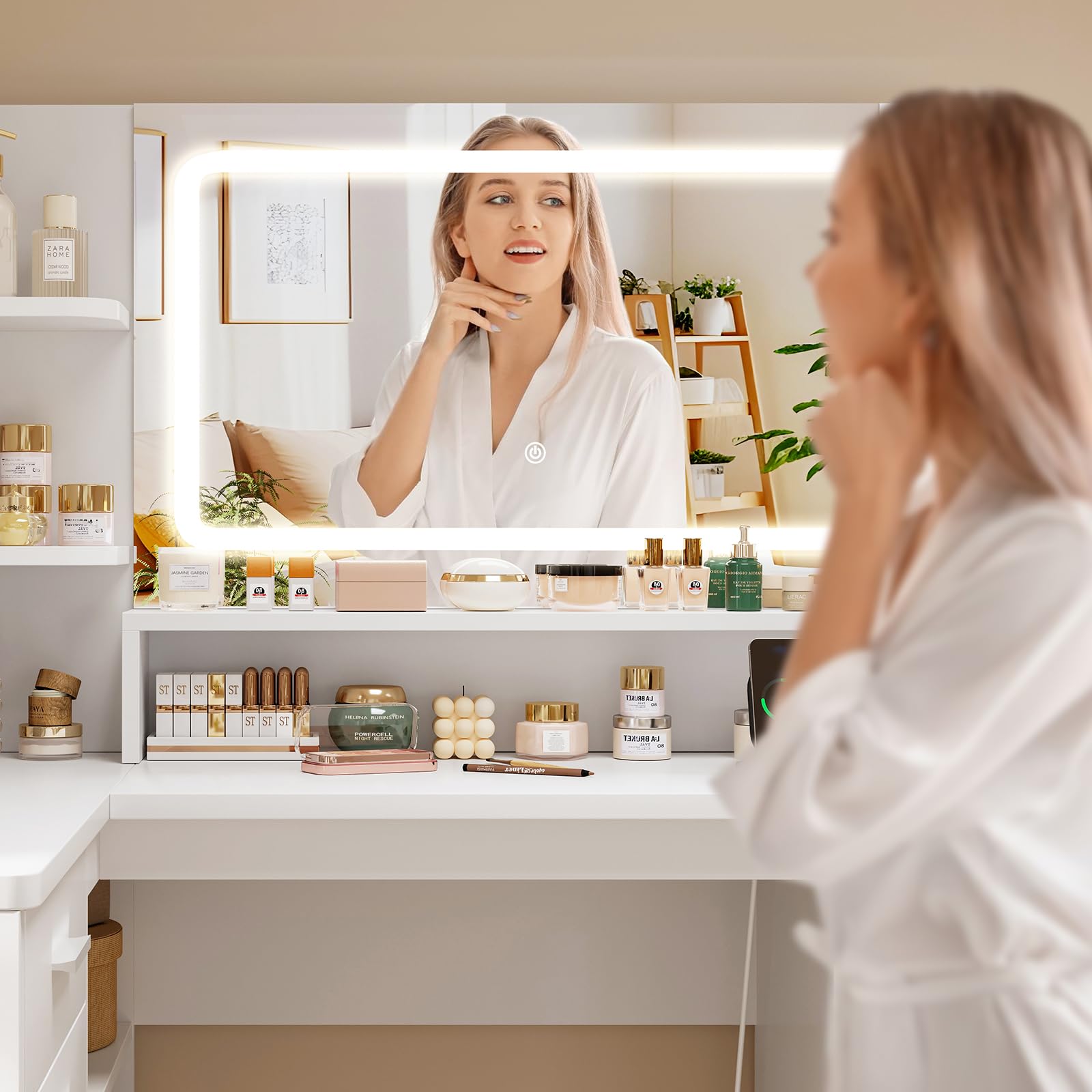 TEENFON Grande Coiffeuse, Coiffeuse avec Miroir LED et Prise, 3 Modes de Couleur, Luminosité Réglable，Blanc，,5 Tiroirs, 3 Étagères Ouvertes et Rangement Latéral