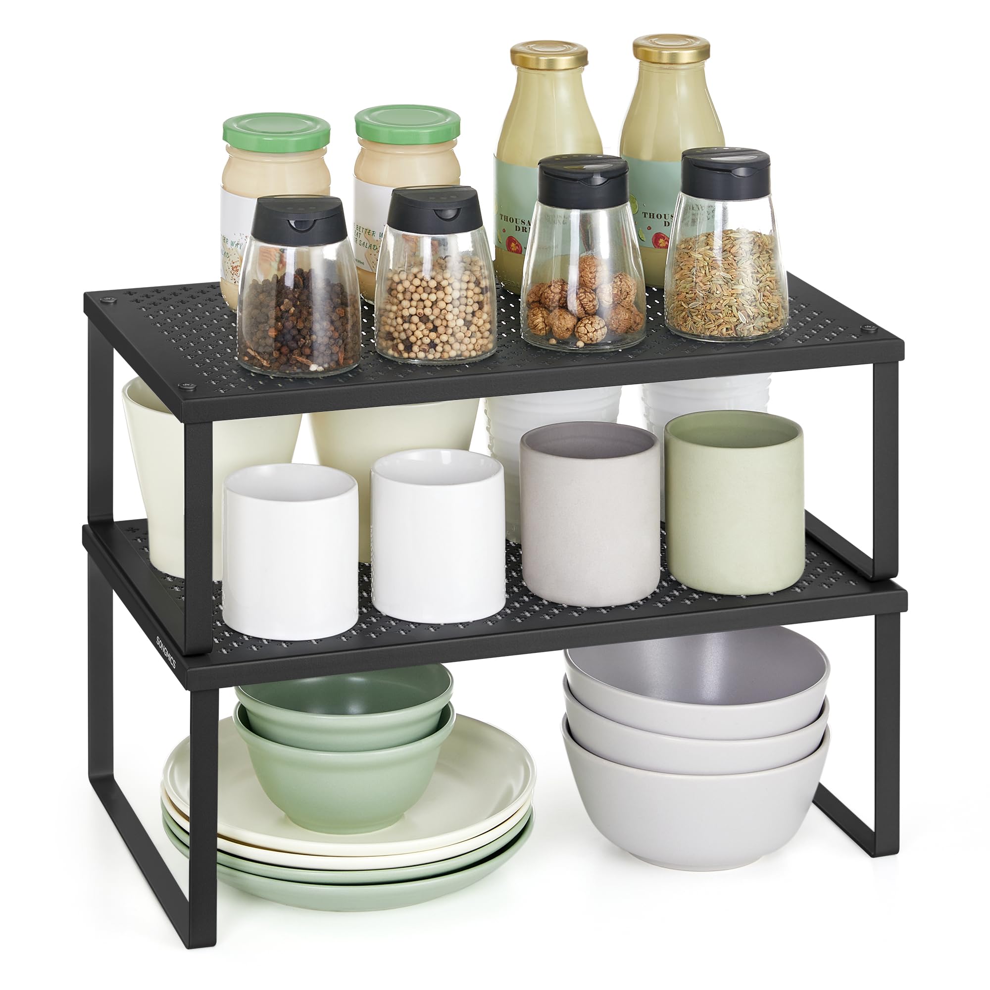 Songmics Ink Black Spice Racks, Set Of 2 Cupboard Organisers, Kitchen Storage, Stackable, Expandable, Metal Counter Shelves, Kcs401b01