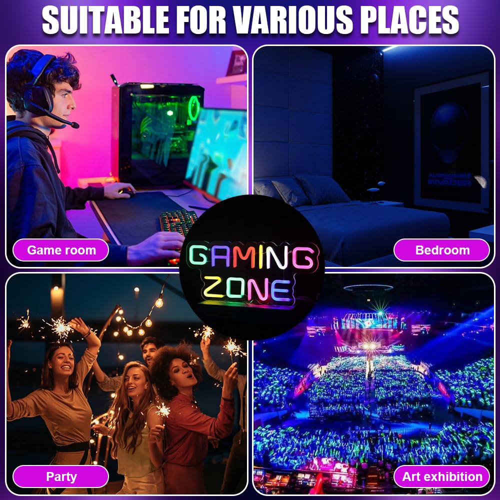 Gaming Zone Enseigne Lumineuse, Neon Gaming avec Interrupteur, Chargement USB Neon Gamer pour Décoration Gaming, Idéale pour Décorer Chambre, Bar, Salle de Jeux, Cadeau Parfait pour les Gamers