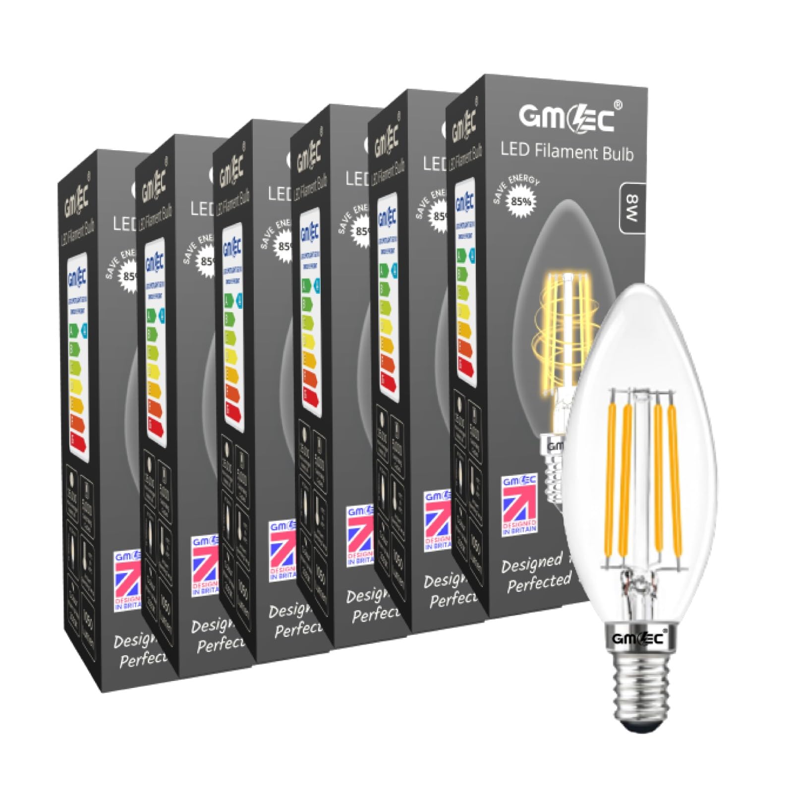 GMEC 6-Pack E14 LED Candle Light Bulbs 8W, 1050 Lumens, Warm White 3000K, Clear Glass Filament, Small Screw Light Bulb (SES), 80W Halogen Replacement, Non Dimmable