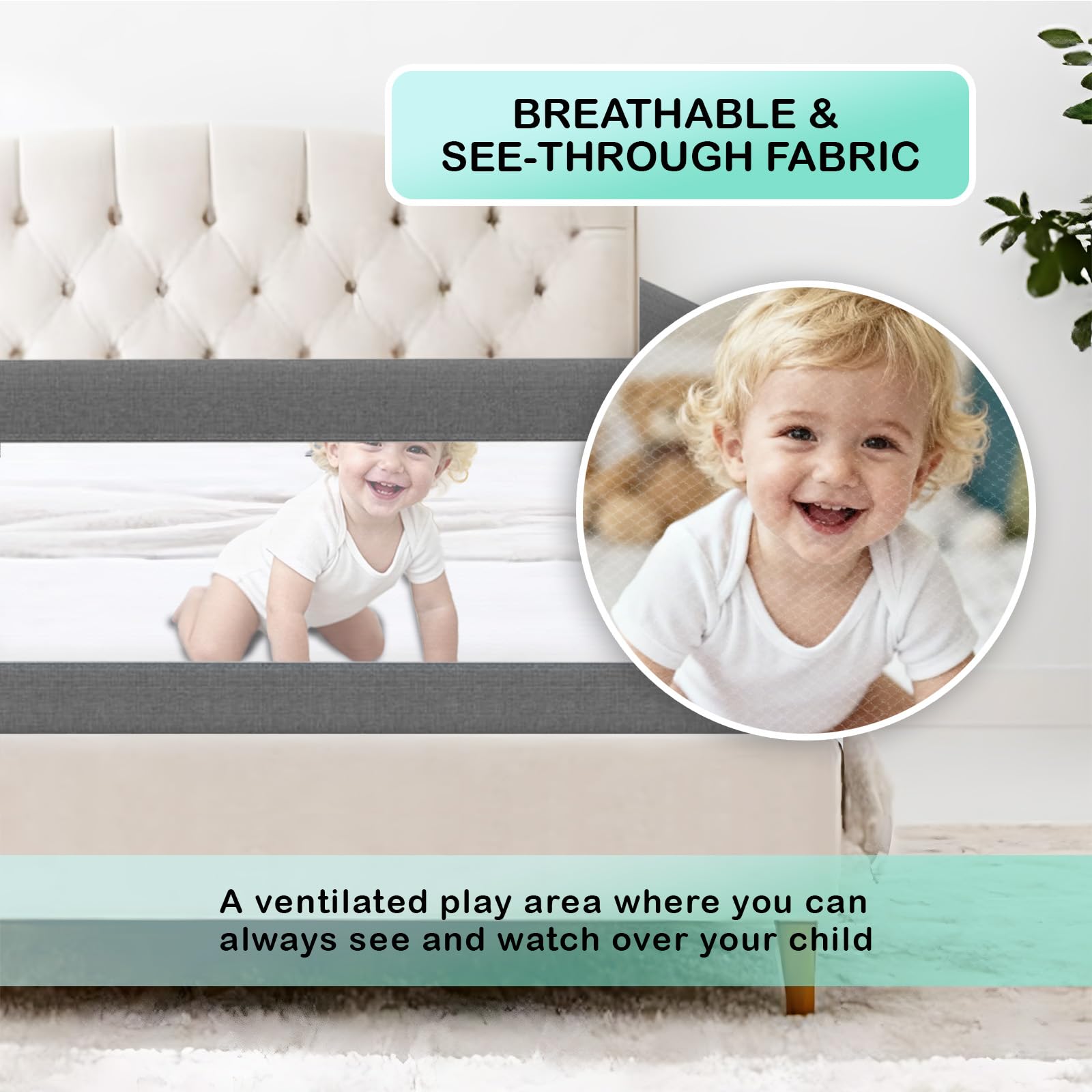 ZAHNHASE Barriera Letto Bambini Viaggio Guardrail sicurezza/protezione removibile per letto bambino - 180cm,Grigio,1pc