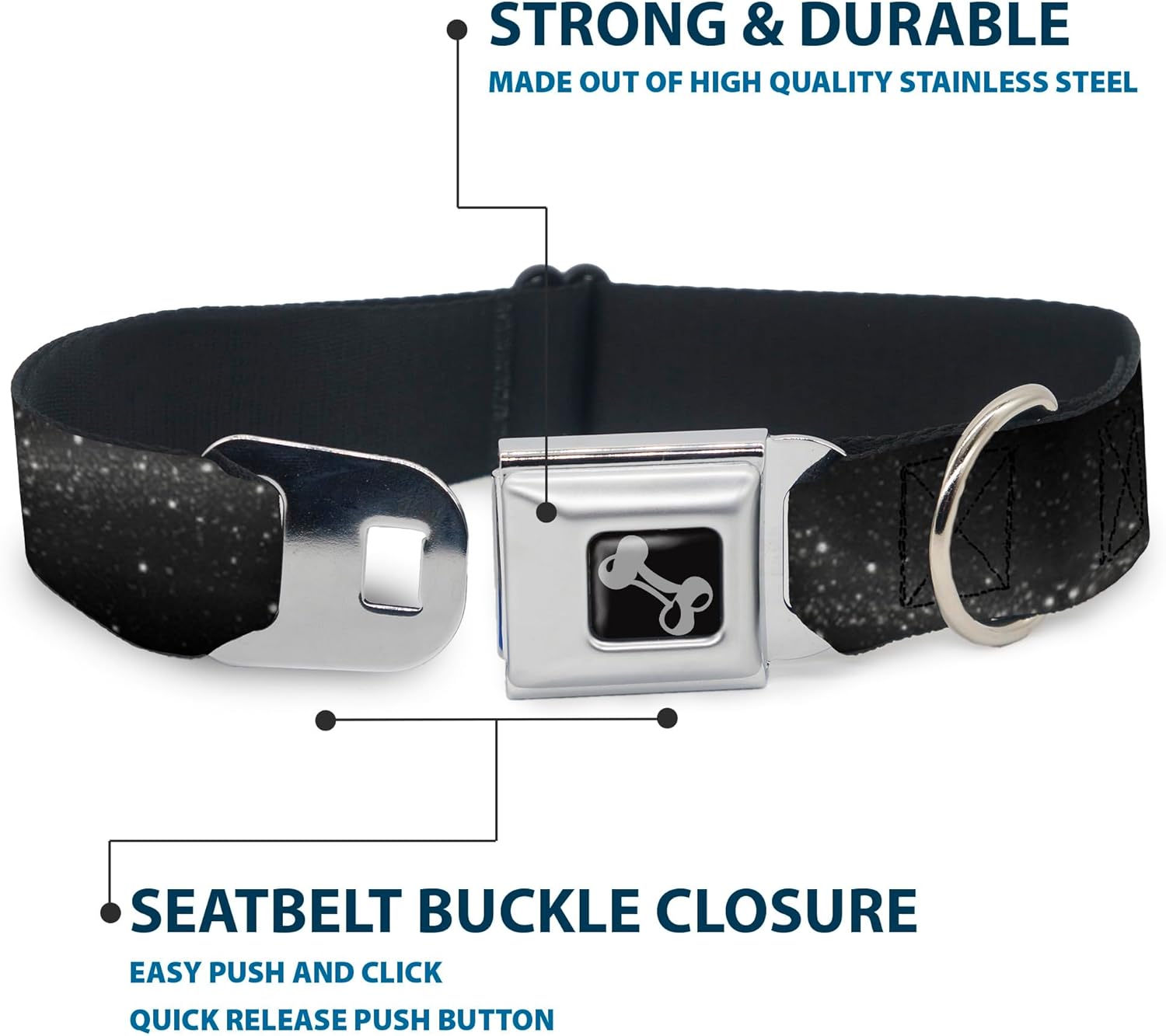 Dog Collar Seatbelt Buckle Galaxy Arch Black Gray White 11 to 17 Inches 1.0 Inch Wide