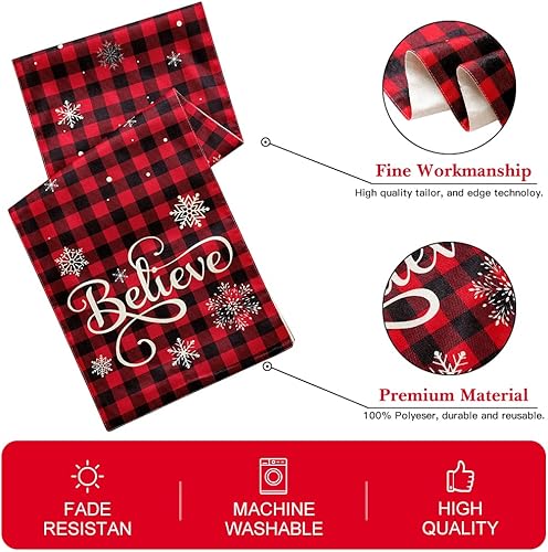 Miniatura 2 de OTOSTAR Camino de mesa de lino navideño, diseño de copos de nieve a cuadros rojos y negros, camino de mesa para cocina, comedor, decoración para