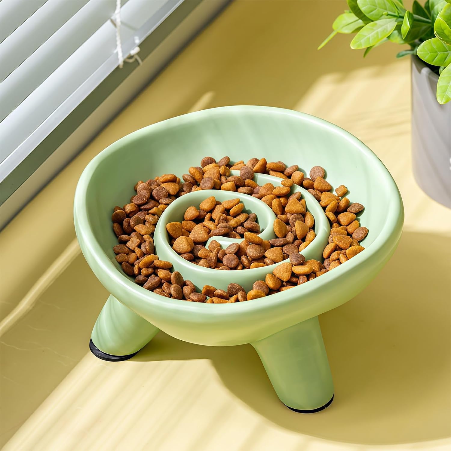 Easy Ceramic Slow Feeder Bowl for Cats and Small Dogs, Raised Tripod Pet Bowl with Interior Design Anti Gulp Pet Raised Feeder Glossy Ceramic Daily Feeding Station Dry Food Dishwasher