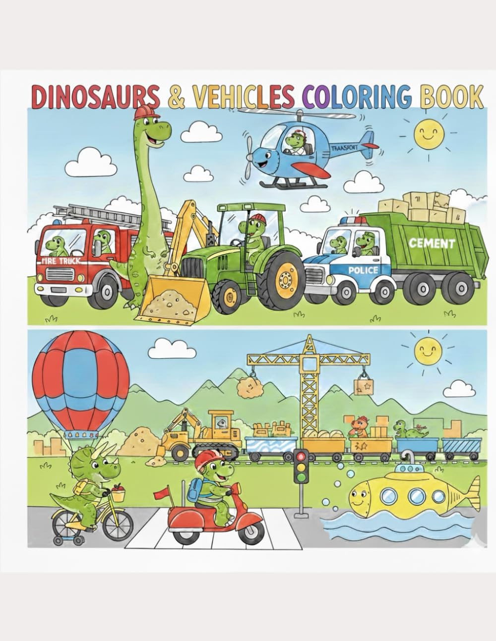 Dinosaurs & Vehicles Coloring Book