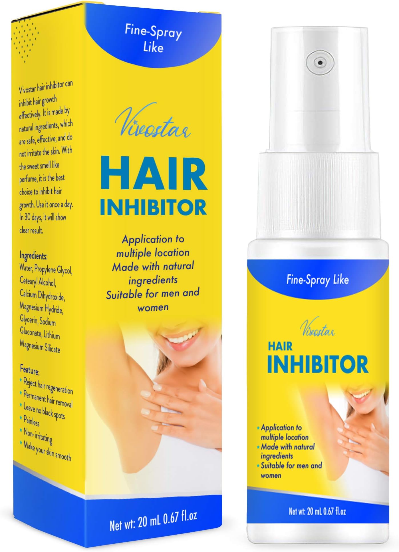 Hair Inhibitor, Painless Hair Growth Stop Spray, Hair Removal Spray, Non-Irritating Hair Removal Inhibitor, for Face, Underarm, Arm, Leg, Bikini, with Pleasant Scent, 20ML