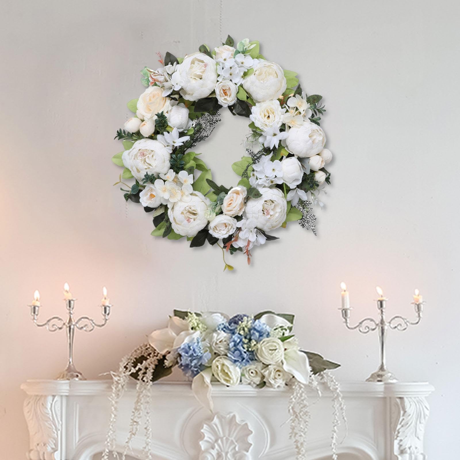 Ghirlanda Di Peonie Artificiali,Ghirlanda Primaverile in Fiori Di Seta E Plastica, Corona Di Pasqua Da 45 Cm Di Diametro per Matrimoni, Feste, Porte D'ingresso, Pareti, Finestre, Bianco