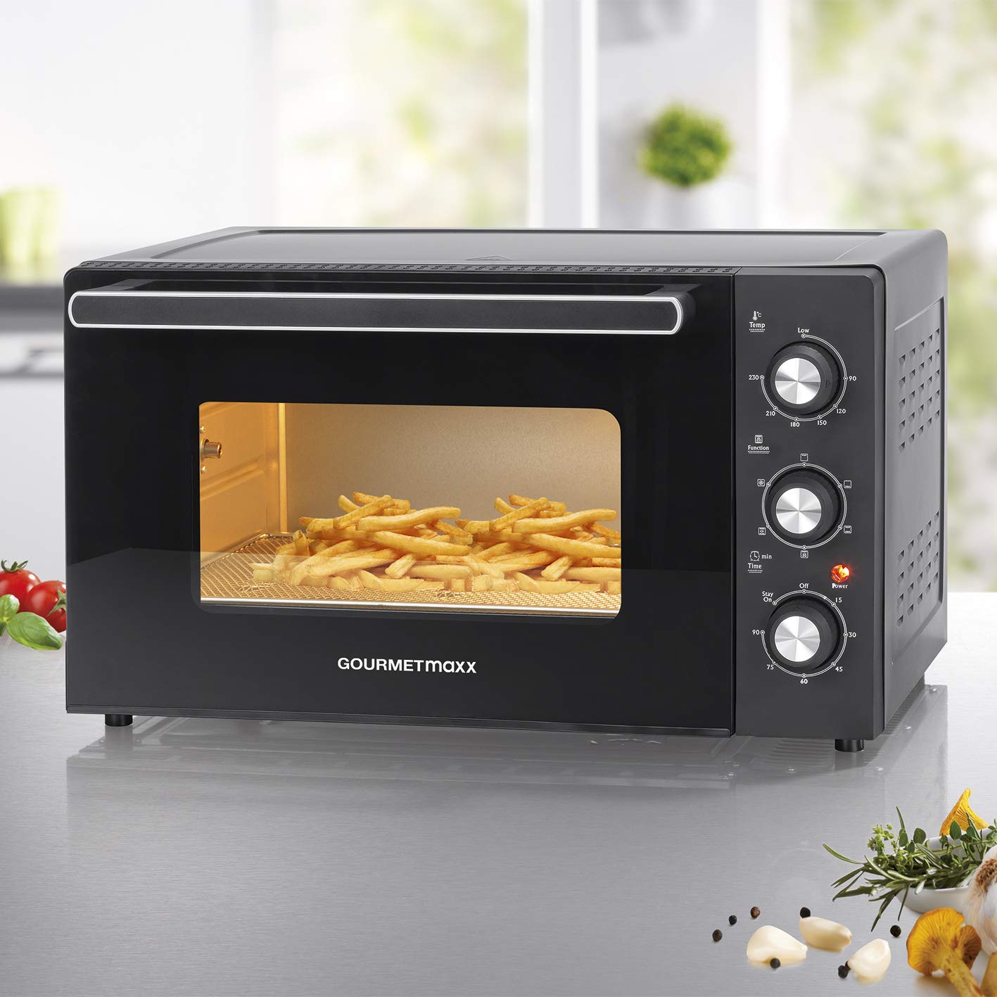 GOURMETmaxx Minibackofen mit Umluft | 42 Liter Fassungsvermögen, Ober- und Unterhitze mit Umluft und Heißluftfunktion | Backblech, Rost und Hühnerspieß inklusive [90-230°C, 1500 Watt]