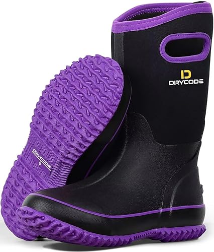 D DRYCODE Rubber Boots for Women, Rain Boots with Warm Neoprene, Waterproof Mid Calf Mud Insulated Work Boots for Womens Gardening, Farming,