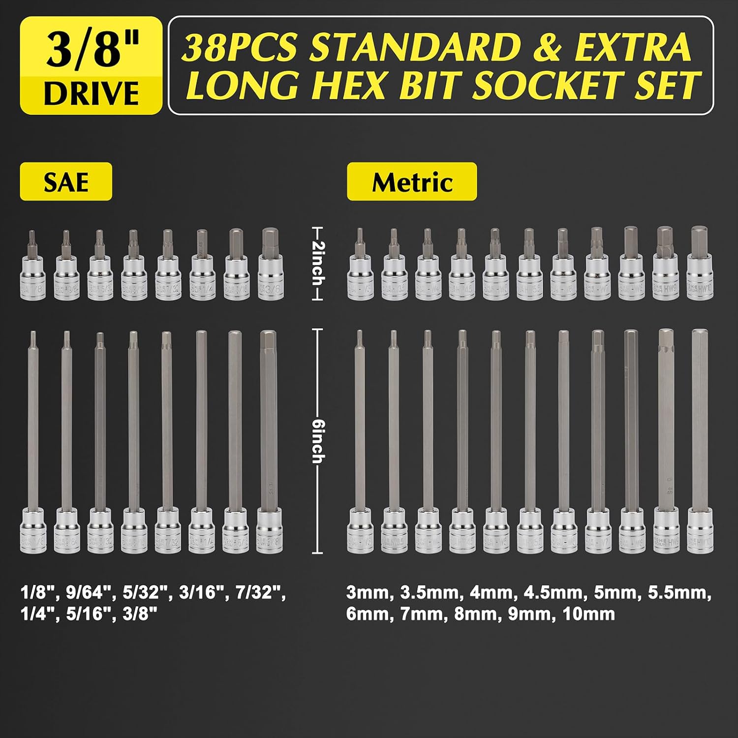 EMENTOL 38PCS 3/8" Drive Hex Bit Socket Set, CR-V, S2 Steel, SAE/Metric, Extra Long and Standard Allen Hex Bit Socket Set, 1/8 Inch - 3/8 Inch, 3mm - 10mm