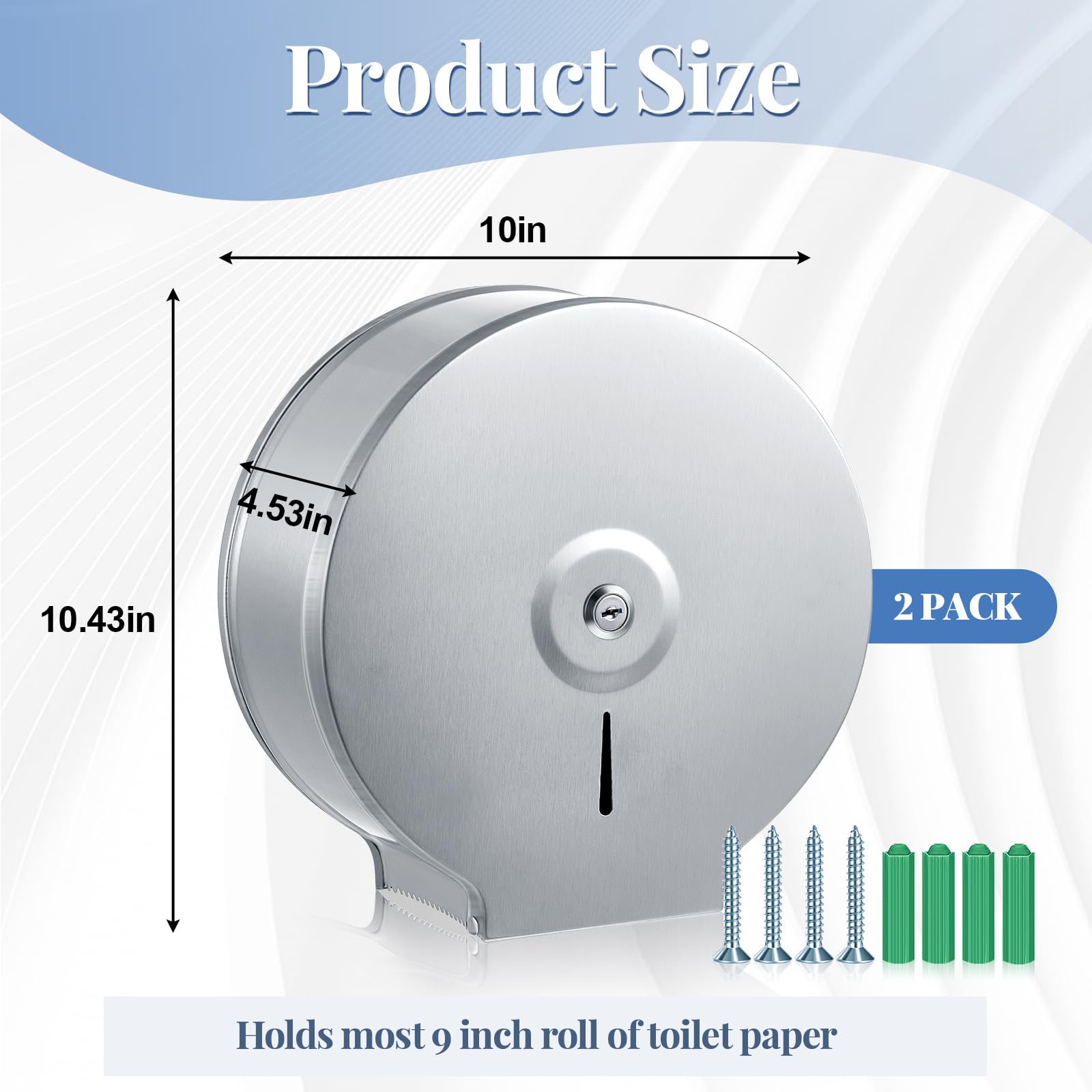 Mifoci Dispensador de papel higiénico comercial de 2 piezas, soporte de pared de acero inoxidable, dispensador de papel higiénico comercial jumbo para rollo de papel higiénico de 9 pulgadas para