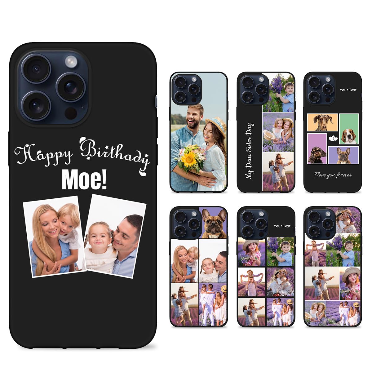 Custom 2 Pictures Phone Case with Text for iPhone 16/15/11/12/13/14 Pro Max Mini Plus XR X Xs Max Photo Phone Case for Friends Family Various