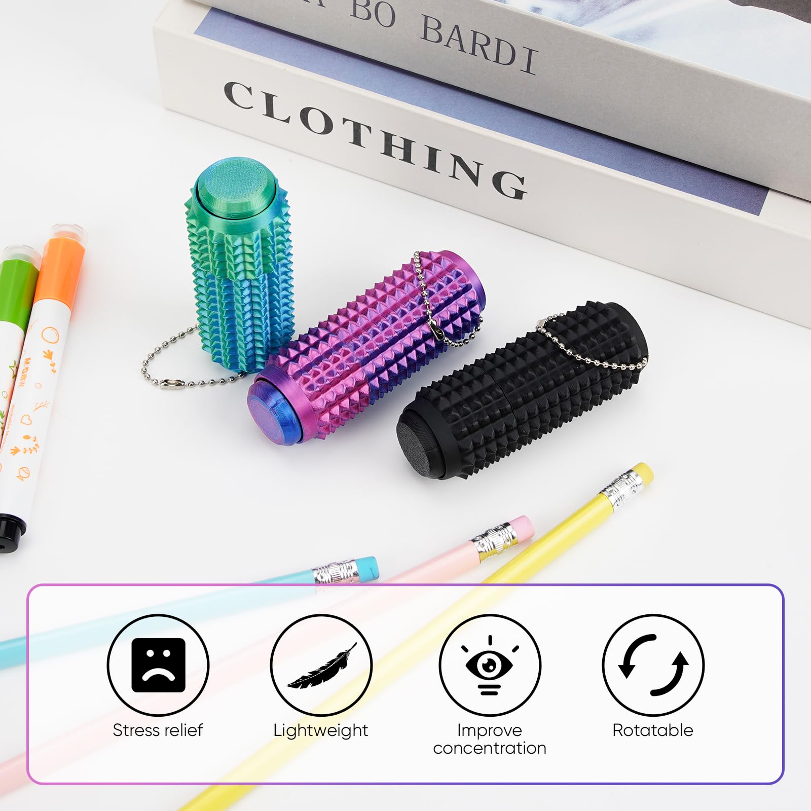 3PCS Spiky Grippie Stim Keychains With Clicker Button & Spinner Stim Fidget Keyring Silent Spiky Fidget Toy for Adults Relax & Focus Novelty Gifts for Work and Study - Image 4