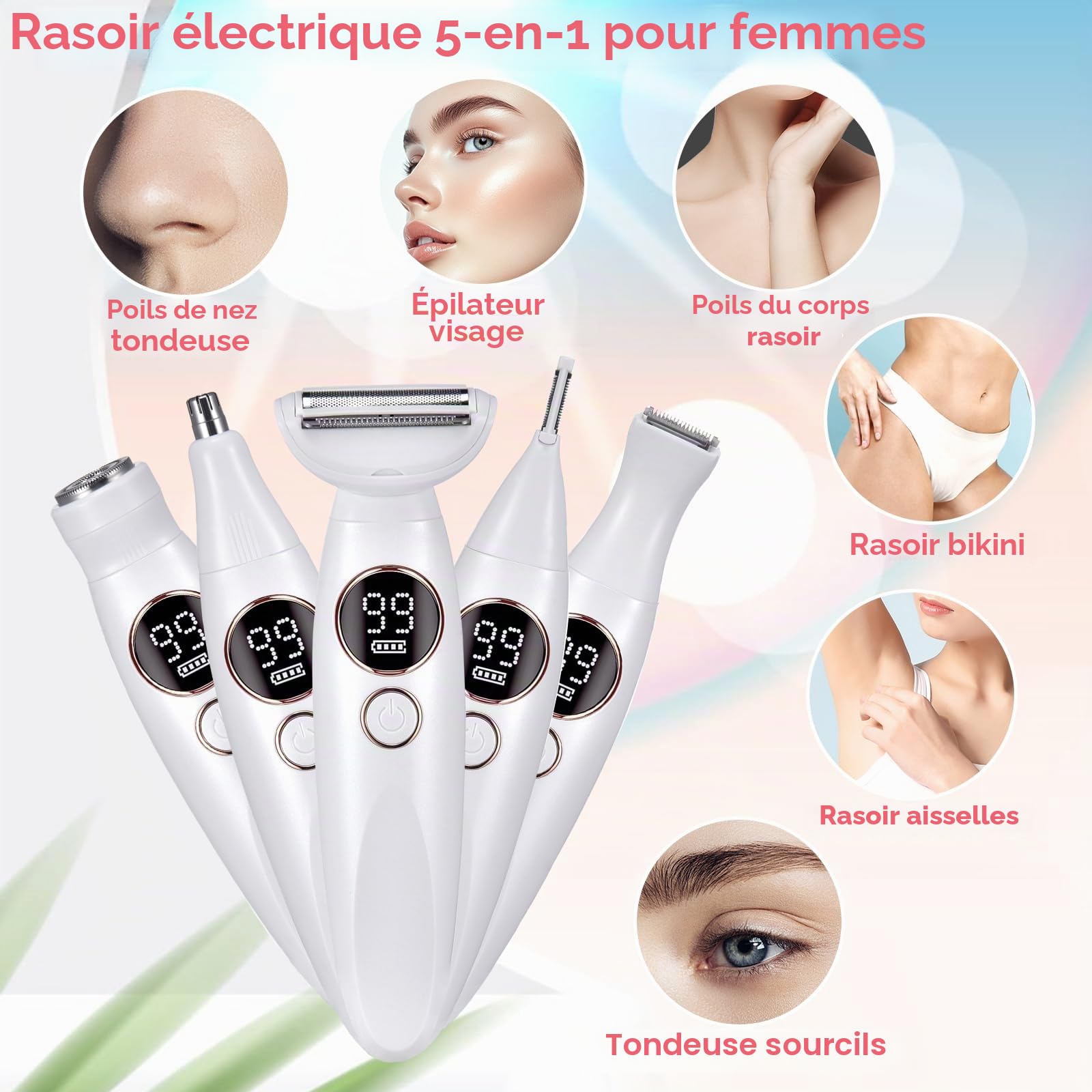 Rasoir Electrique Femme, 5 en 1 Epilateur Electrique, USB Rechargeable Rasoir Indolore, IPX7 Étanche Tondeuse Femme Intime pour Visage, Bras, Jambes, Aisselles