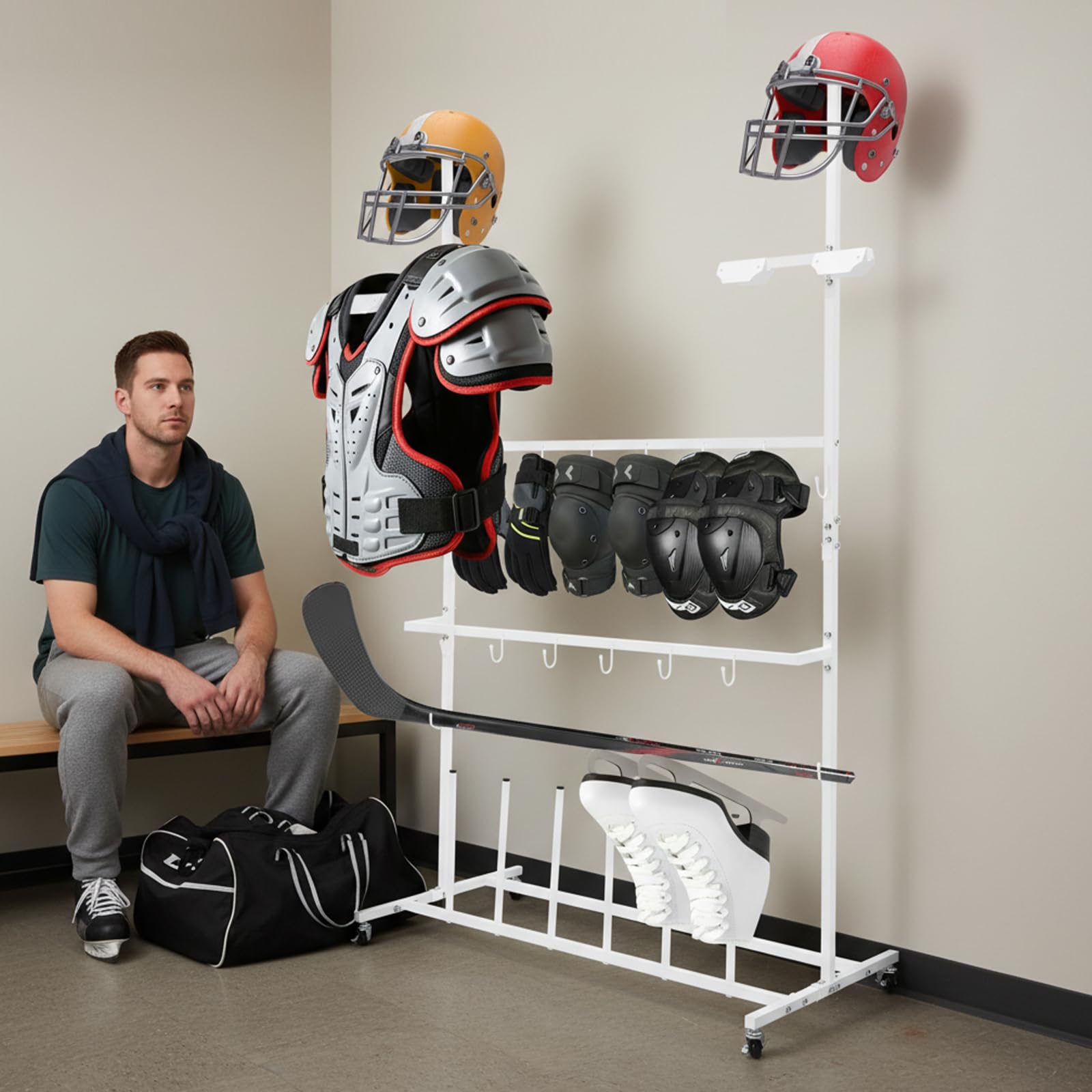 Hockey-Trockengestell, Ausrüstungsständer für Eishockey & Ski aus Eisen, für Eishockey, Ski & Football, 4 Rollen mit Bremsen – platzsparend & stabil, Weiß