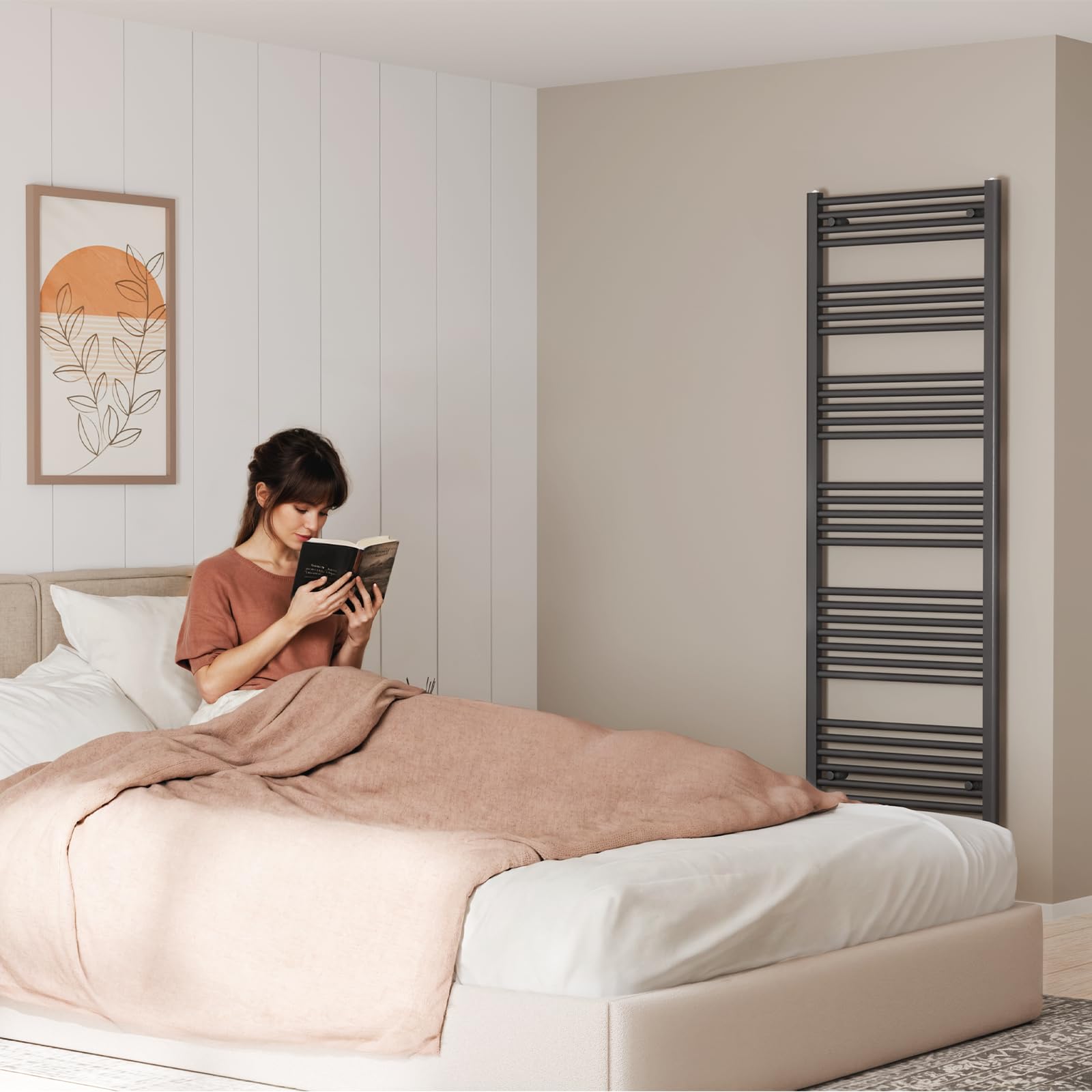 S'AFIELINA Radiateur de Salle de Bain 1600 x 500 mm, 654W, sèche serviette eau chaude, Sèche-Serviettes à Raccordement Central pour Eau Chaude, Anthracite(Sans valve thermostatique)