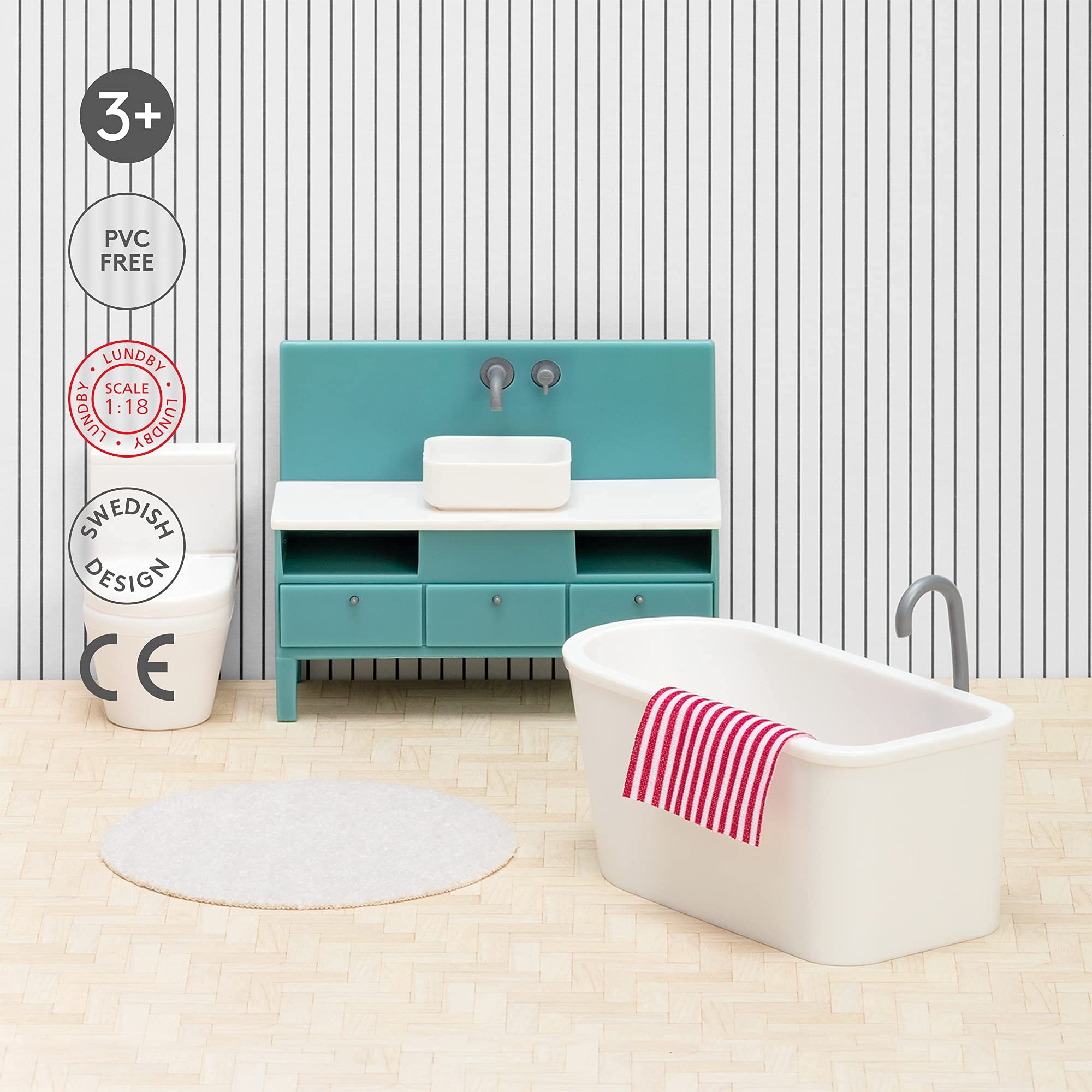 LUNDBY Meble do domu dla lalek, zestaw łazienkowy - wolnostojąca wanna + umywalka + toaleta + mata + ręcznik - akcesoria do domku dla lalek - 5 sztuk - dla mini lalek 11 cm - wiek 3+ 1:18