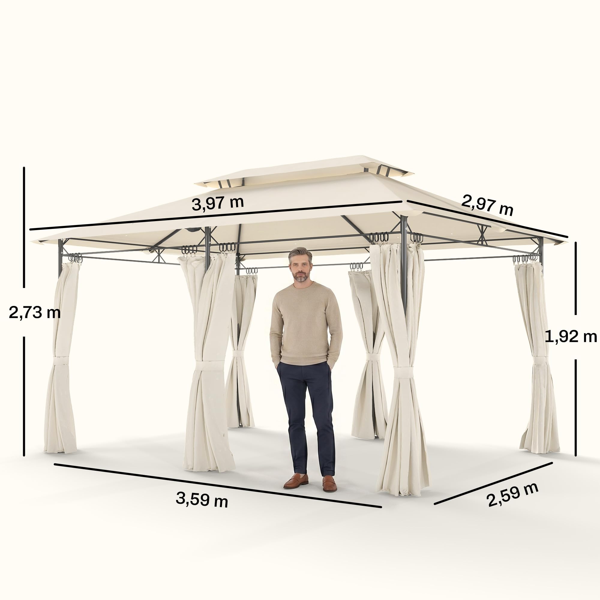 Outsunny Cenador de Jardín 4x3 m, Pabellón de Jardín Gazebo con Doble Techo, 6 Paredes Laterales, Estructura Metálica, Orificios de Drenaje, Carpa para Exterior, Terraza, Patio, Crema