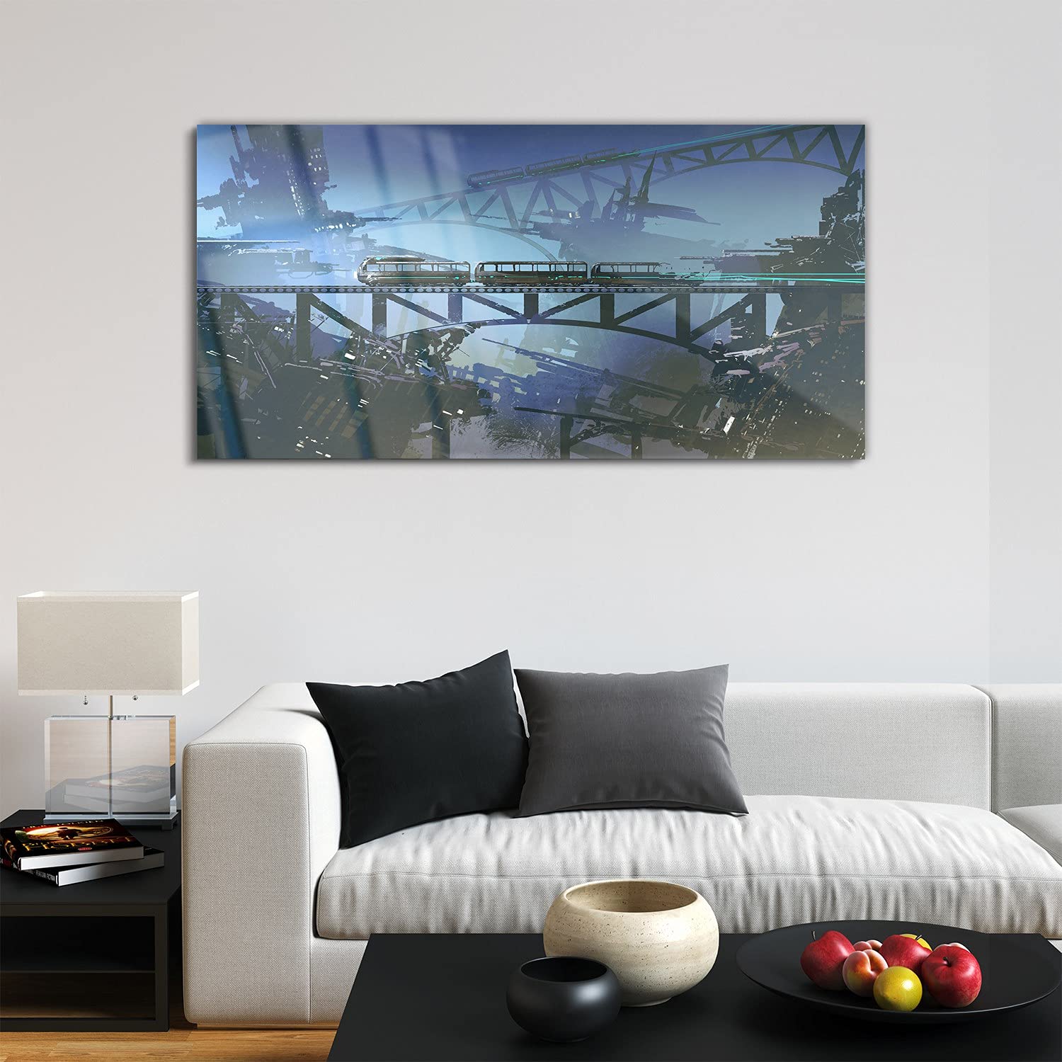Coloray Obraz Na Szkle Ozdoba Ścienna 120x60cm Obraz Salon Sypialnia Dekoracja Wnętrza Sztuka - Pociąg Tory Most
