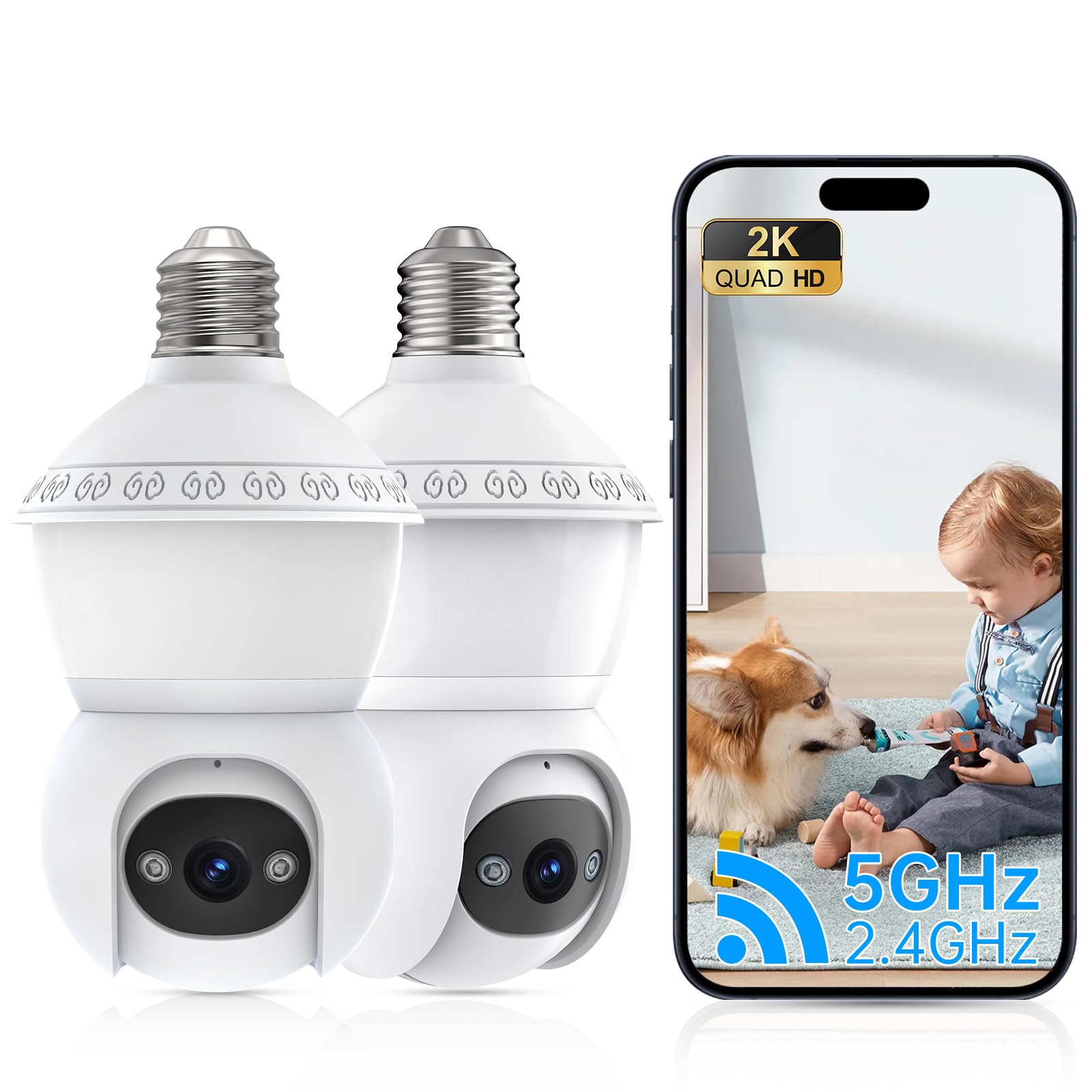 Light Bulb Security Cameras Outdoor, 5G& WiFi Security  Camera,Lightbulb Camera for Home Security Outside Indoor,360°PTZ,Two-Way  Talk,Color Night