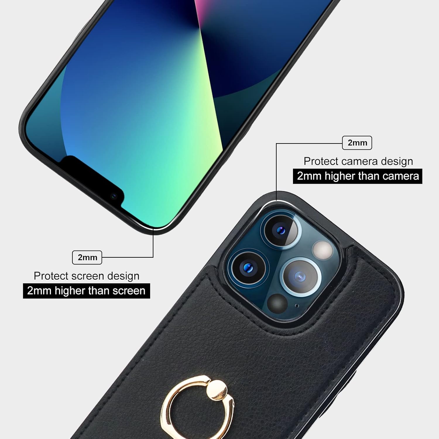 Folosu Compatible with iPhone 13 Pro Case Wallet with Card Holder, 360°Rotation Finger Ring Holder Kickstand Protective RFID Blocking PU Leather Double Buttons Flip Shockproof Cover 6.1 Inch Black