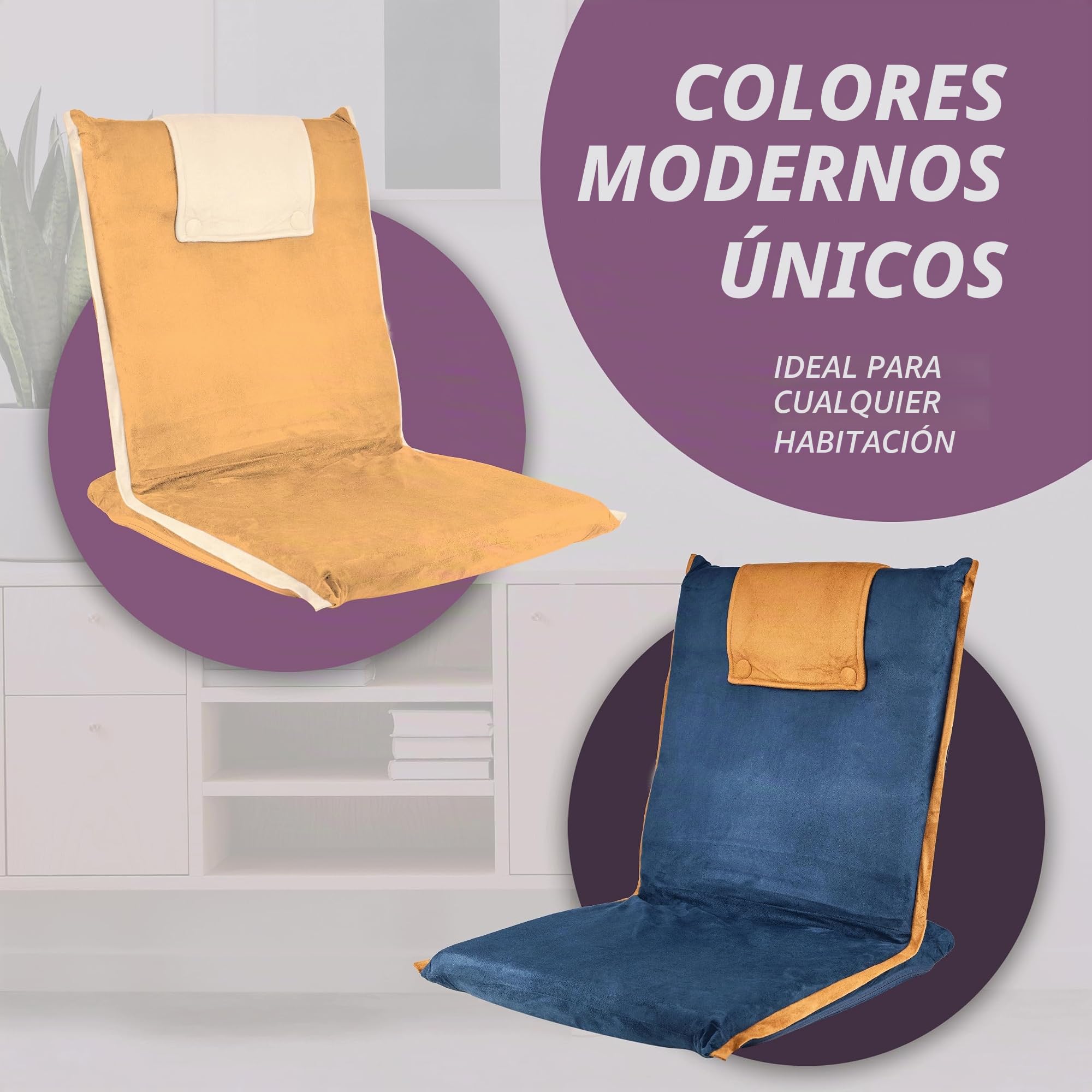 bonVIVO Silla Plegable de Suelo con Respaldo reclinable para meditación, Lectura, Gaming y Relax, cojín Suelo Acolchado portátil para hogar y Oficina, Azul y Beis