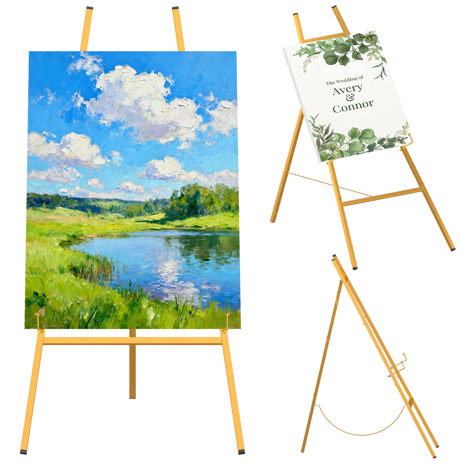 gold easel stand for sign, 4 adjustable height levels, 46.5" display stand for wedding, art, welcome signs, posters, pictures, paintings, art gallery & shop promotion