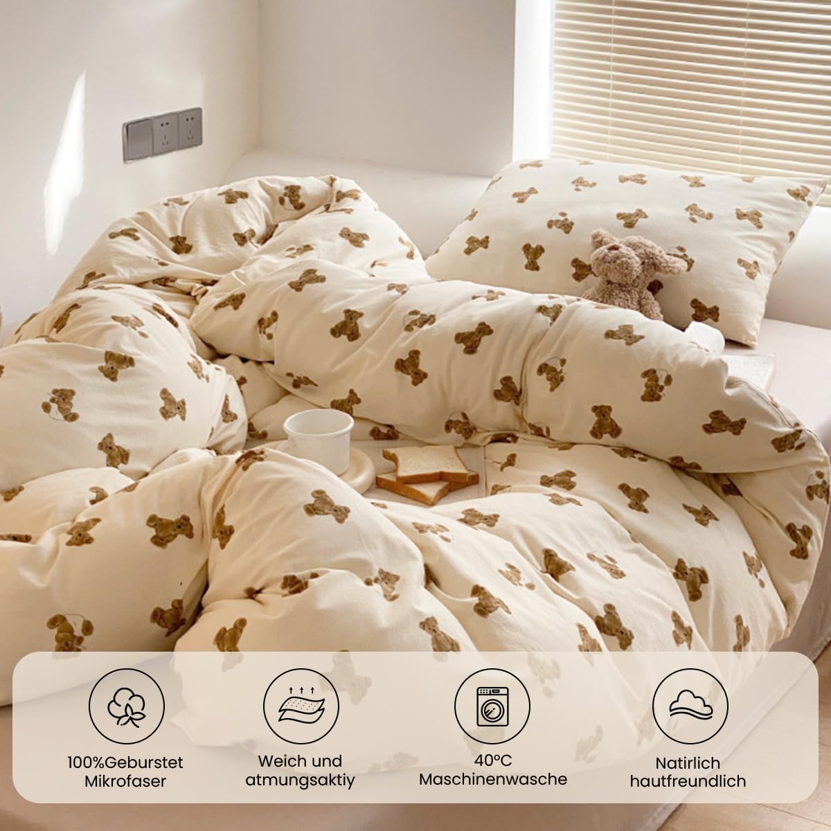 Lanqinglv Bettwäsche 135x200 4teilig Bärchen Braun Beige,Aesthetic Bettwäsche Bär aus Microfaser,Wendebettwäsche Allergiker Bettbezug und 2 Kissenbezug 80x80 cm