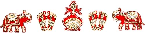 Miniatura 2 de Laxmi Charan Paduka Pies Pagla con Kalash y Elefante Acrílico Rangoli Decoración de suelo Artículo para decoración tradicional india de Puja