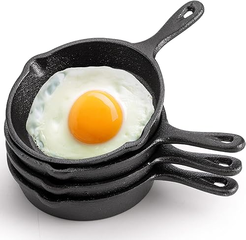 Hiceeden Paquete de 4 mini sartenes de hierro fundido, sartenes pequeñas de 4 pulgadas con doble boquilla de goteo para estufa, horno, parrilla, uso