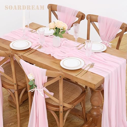 Miniatura 9 de SoarDream - Camino de mesa de gasa, color rosa bebé, de 27 x 120 pulgadas, camino de mesa de estilo romántico ideal para fiesta de boda