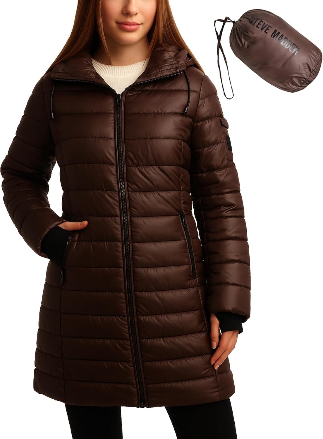 Steve Madden Womens Packable Puffer Jacket - Insulated Puffer Hooded Long Parka Coat - Quilted Warm Winter Jackets for Women