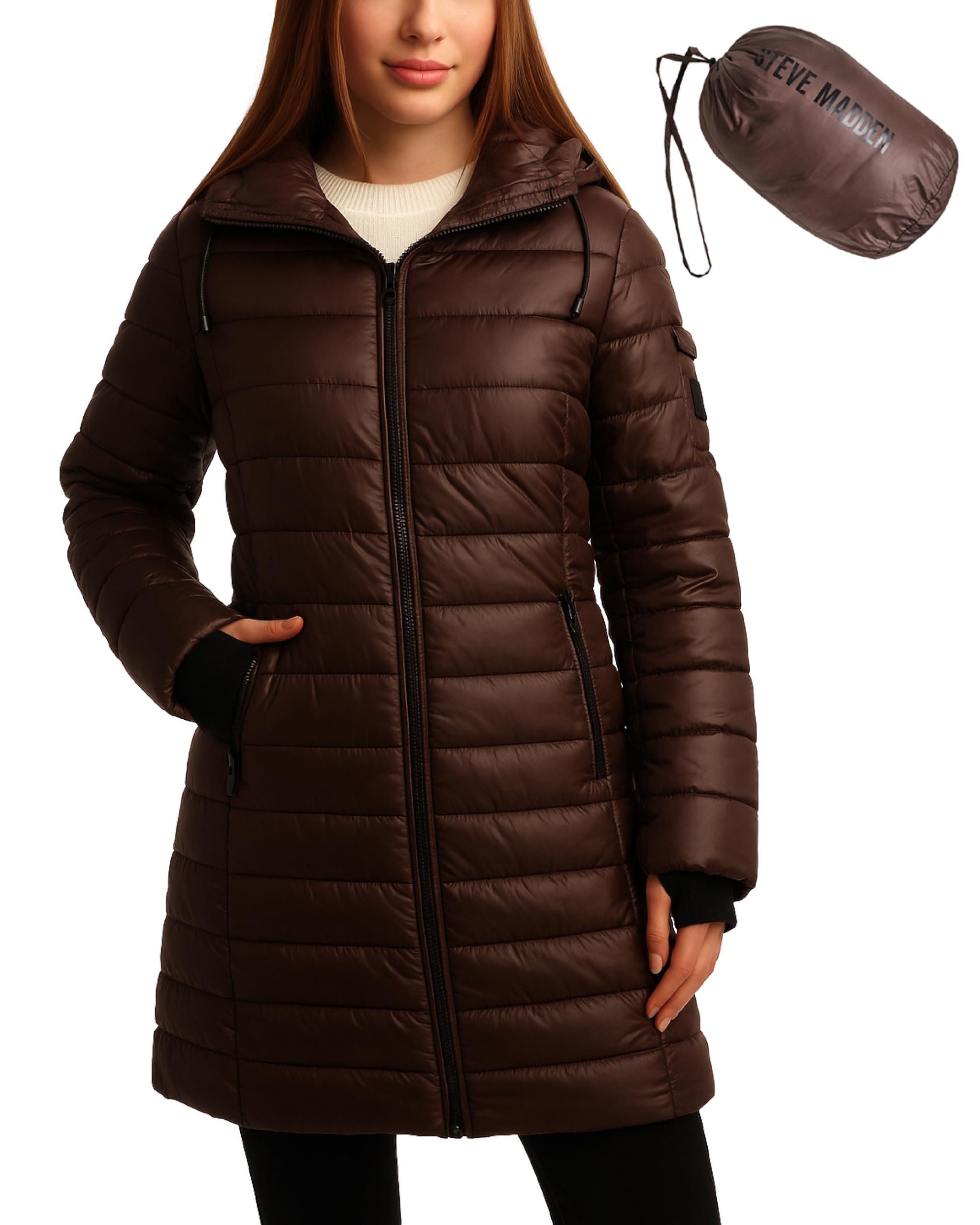 Steve Madden Womens Packable Puffer Jacket - Insulated Puffer Hooded Long Parka Coat - Quilted Warm Winter Jackets for Women