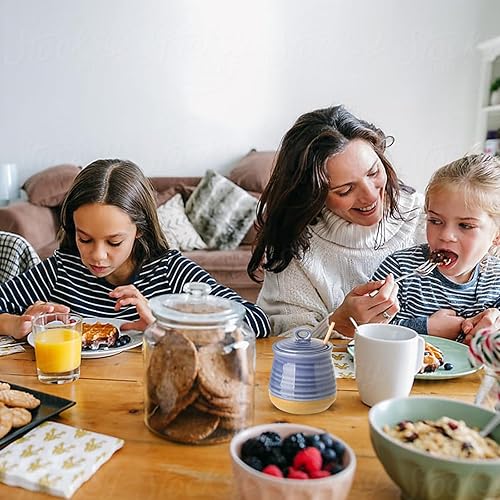 Vista 34 de HASENSE Maceta de cerámica para miel con tapa, tarro de miel de 12 onzas con vaso de madera, juego de palitos y frascos de miel, lindo recipiente