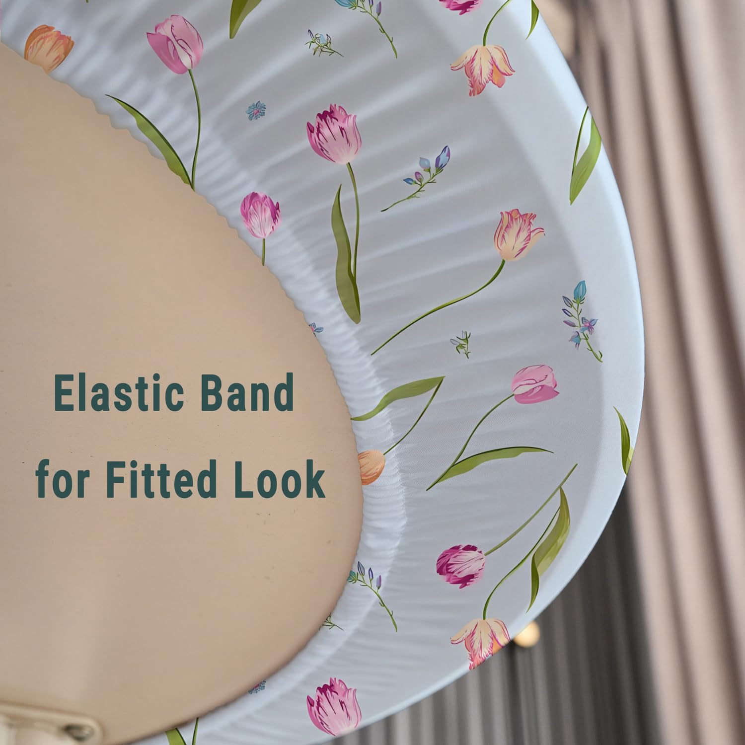 Outdoor Round Small Fitted Tablecloth with Elastic 36 Inch Light Blue Floral Fitted Tablecloth Spandex Stretchy Fabric Coffee Table Cover for Party Wrinkle Free Non Slip Elegant Tulip