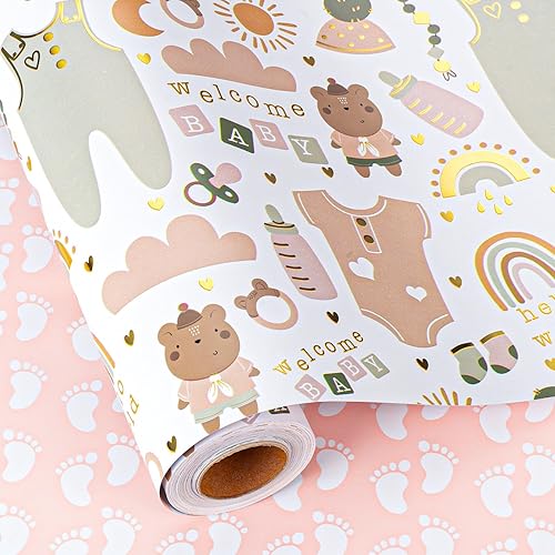 Miniatura 15 de MAYPLUSS Rollo de Papel de Regalo para Recién Nacido - 17 Pulgadas x 4.76 Metros - Lindo Diseño de Snapsuit y Botellas de Bebé Azul para Niño,