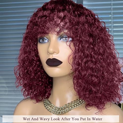 Miniatura 3 de Pelucas cortas de cabello humano rizado estilo Bob con flequillo, color burdeos 99J, sin encaje frontal, pelucas de cabello humano para mujeres