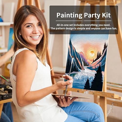 Miniatura 8 de VOCHIC Kit de pintura en lienzo predibujado para pintar para adultos y niños, kits de fiesta, pintura y sorbo, suministros de fiesta, paisaje de 8 x